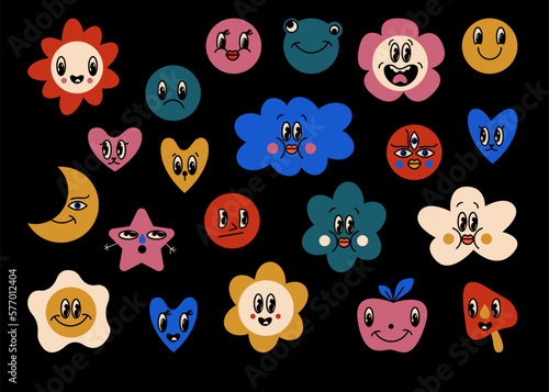 Vector groovy psychedelic smiley faces. Set of cool bold retro illustrations. Crazy social media emoticons. Positive vibes funky hippie emotion kawaii cartoon stickers. Faces with different emotions