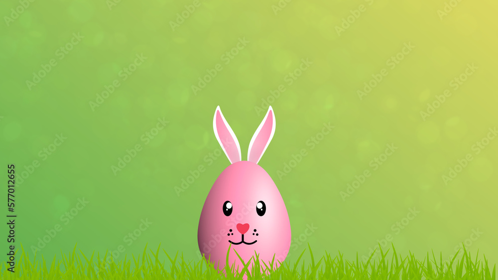 pink egg with ears and face on blur background and Grass land. pink egg with ears and face on blur background and Grass land.