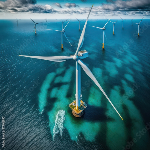 renewable energy with wind turbines farm offshore on the sea. drone view. generative ai photo