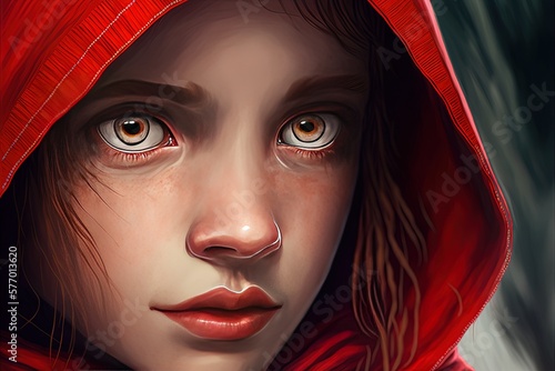 Intense focus on the protagonist, Little Red Riding Hood. Generative AI