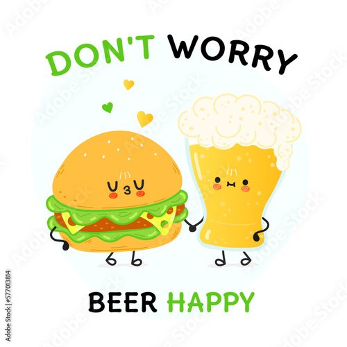 Cute  funny happy glass of beer and Hamburger. Vector hand drawn cartoon kawaii characters  illustration icon. Funny cartoon glass of beer and Hamburger mascot friends concept