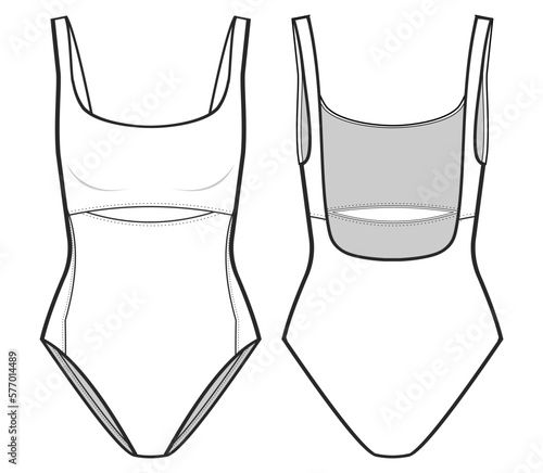 cut-out One Piece Swimsuit fashion drawing template. with a scoop neckline, low back, and elasticated shoulder straps. Swimsuit fashion flat illustration. front view, back view, white color, mockup