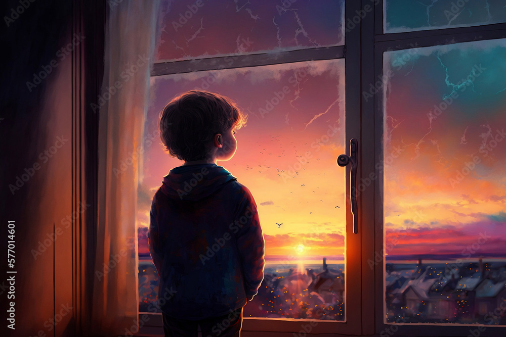 the child sees the sunset, generative ai