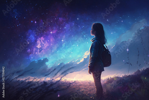 Cosmic Dreams: A Girl is Mesmerized by the Beauty of the Galaxy Nebula Sky. Generative AI