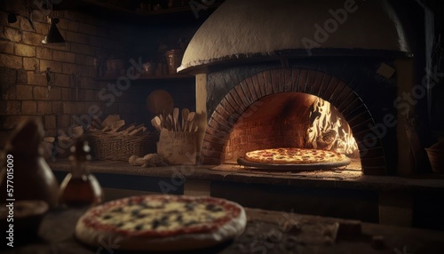 Pizza being taken out of a wood burning oven, generative ai