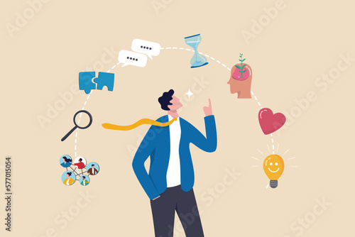 Soft skills or personal attribute to be success, confident businessman with elements of soft skills, networking, empathy, time management or communication skill, problem solving and creativity.