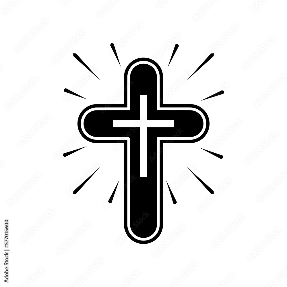 Black christian crucifix cross with light ray boho tattoo on white background flat vector icon design. Black christian crucifix cross with light ray boho tattoo on white background flat vector icon design.