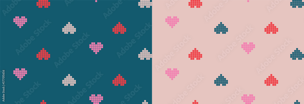 Pixel heart seamless pattern background. Vector illustration for holiday design. Abstract romantic photo frame. Stylish decorative bright label set. Fashion valentine day ornament.