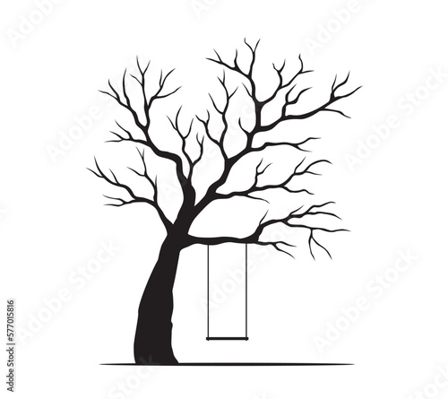 Shape of Old Black Tree with swing. Vector outline Illustration. Plant in Garden.