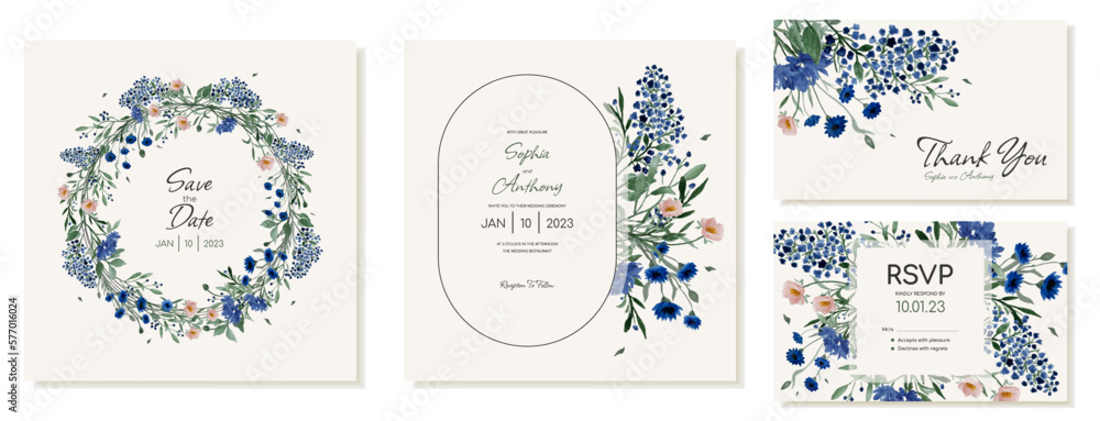 Wedding square invitations and rustic cards with wildflowers. Vector template