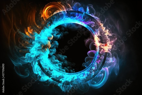 Future looking science fiction. Modified smoke from the future. Circle of neon colors against a black backdrop. magical portal in the shape of a circle. Generative AI