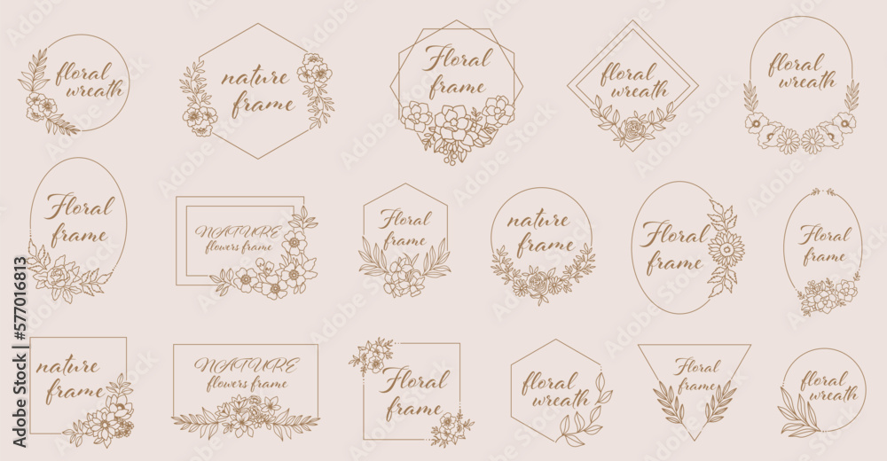 Collection of logo templates. Flourishes calligraphic ornaments and frames. Vector set of line floral logos, frames and border