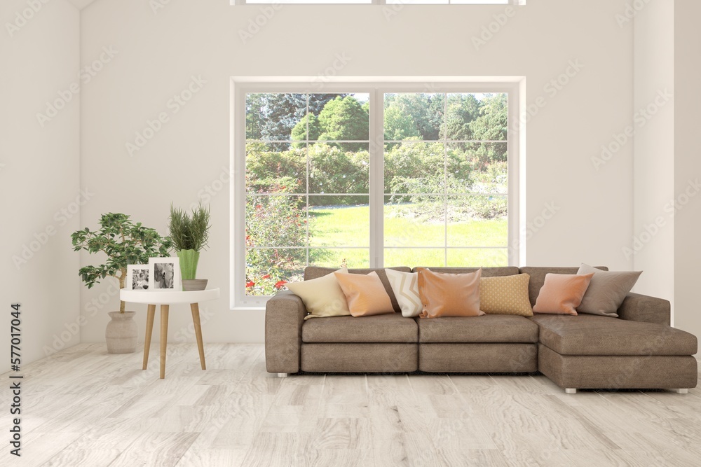 Fototapeta premium White living room with sofa. Scandinavian interior design. 3D illustration