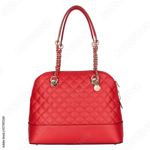 Isolated object of a red leather handbag on a transparent PNG. Perfect for trendy fashion designs, with a clipping path for easy editing. photo