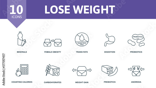 Lose Weight set icon. Editable icons lose weight theme such as minerals, trans fats, probiotics and more.