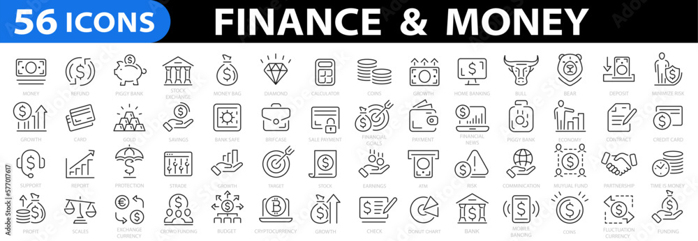 Money Thin Line Icon Set. Finance icon set. Money signs. Vector business and finance editable stroke line icon. Bank, check, law, auction, coins, exchance, payment, wallet, deposit, piggy. Vector - obrazy, fototapety, plakaty 