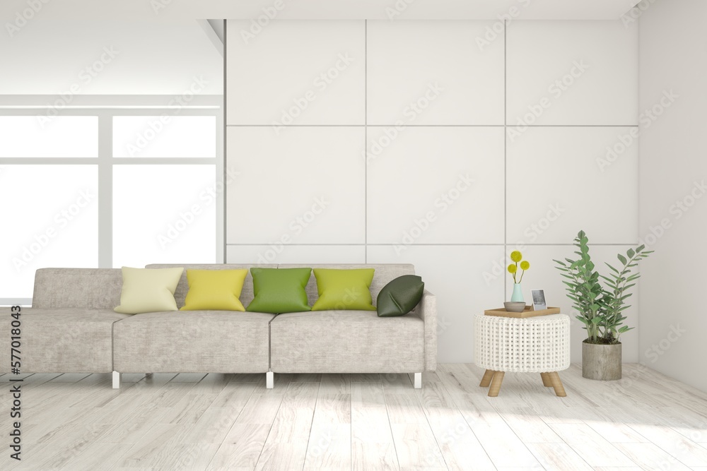 Obraz premium White scandinavian interior design with sofa. 3D illustration