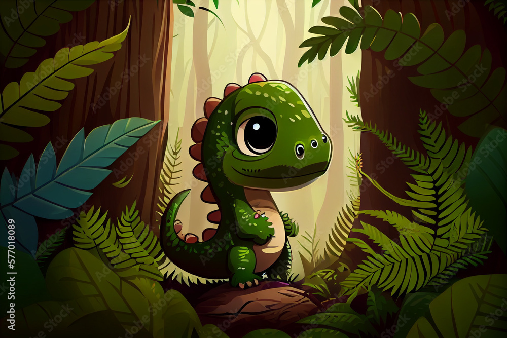 Cute baby dinosaur in the fern forest. AI generated.