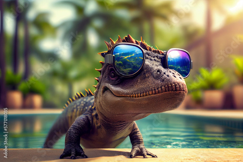 Cute baby dinosaur in sunglasses resting at the resort. AI generated.