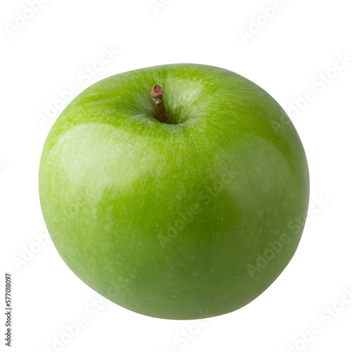 Green apple with green leaf and cut slice with seed isolated on a transparent background.