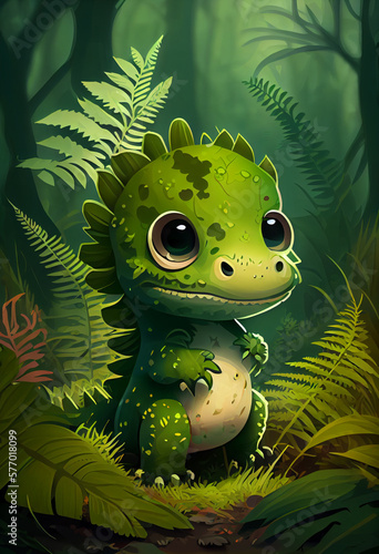 Cute baby dinosaur in the fern forest. AI generated. © StockMediaProduction