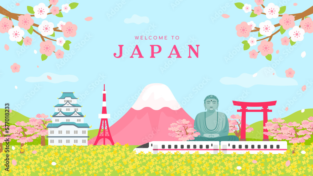 Welcome to Japan postcard vector illustration. Cherry Blossoms and beautiful tourist attraction in spring landscape background