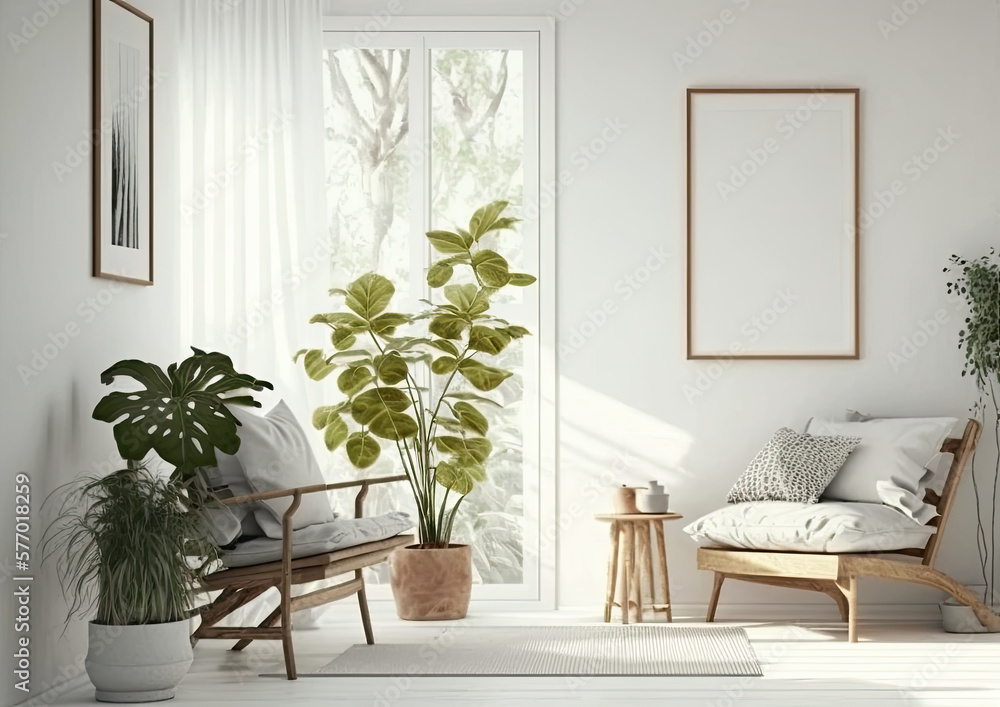 Blank white picture/art frame in a light modern living room. Mock up template for Design or product placement created using generative AI tools Blank white picture/art frame in a light modern living room. Mock up template for Design or product placement created using generative AI tools