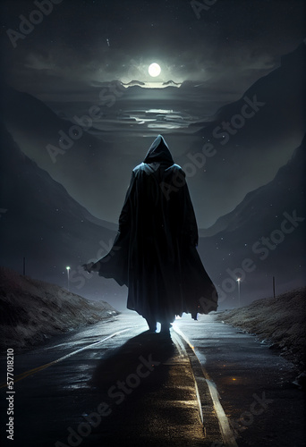 A man in a dark raincoat walks along a moonlit road. AI generated