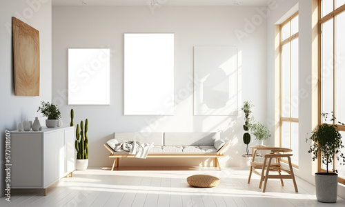 Blank white picture art frame in a light modern living room. Mock up template for Design or product placement created using generative AI tools
