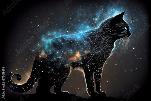 Tableau sur toile Silhouette of a cat from the fog and stars in the night sky