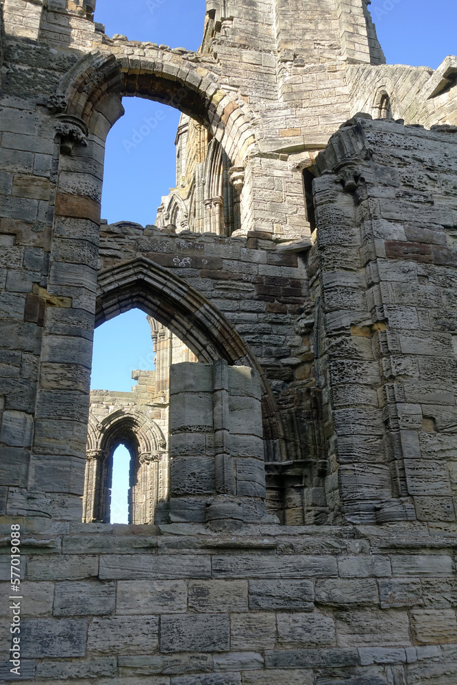 The ruins of Whitby Abbey, high on the clifftop above the town. Detail of arches