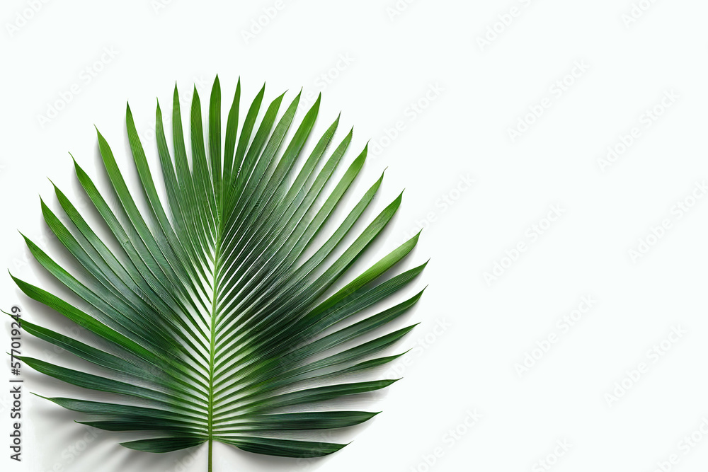 Fototapeta premium Tropical palm leaves on white background with copy space. Generative AI.