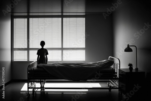 A person standing in a dark room next to a bed with a sheet on it cinematic photography a black and white photo neoplasticism