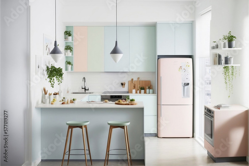 Charming Pastel Color Kitchen: A Delightful and Cheerful Space. Generative AI