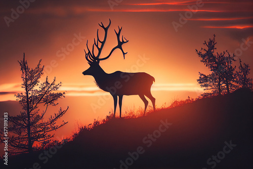 Silhouette of a deer with big antlers on a hill. AI generated
