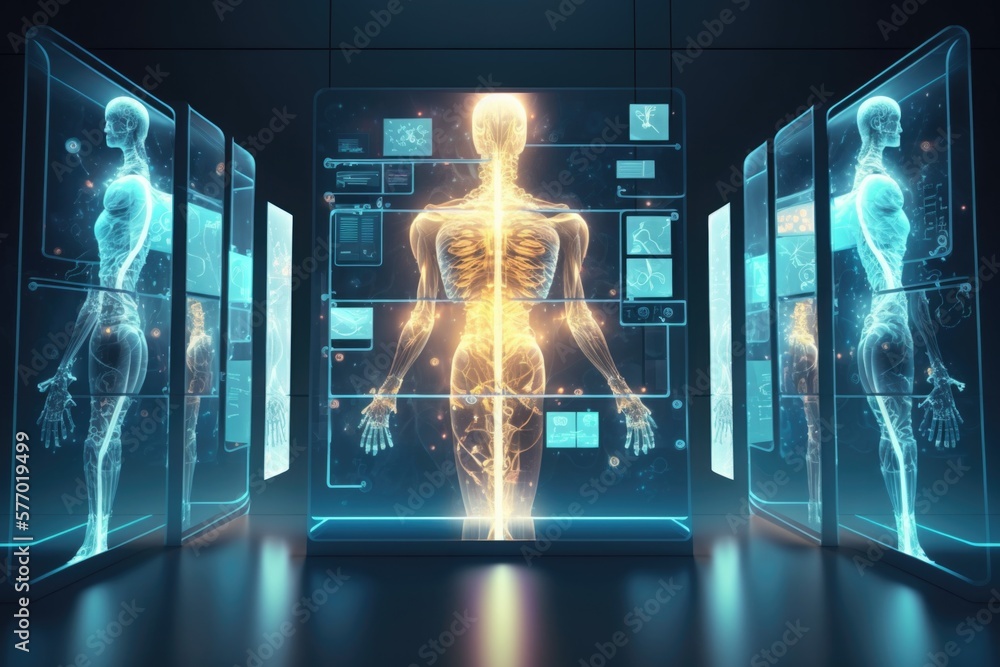 A human body in a futuristic display of medical devices and medical