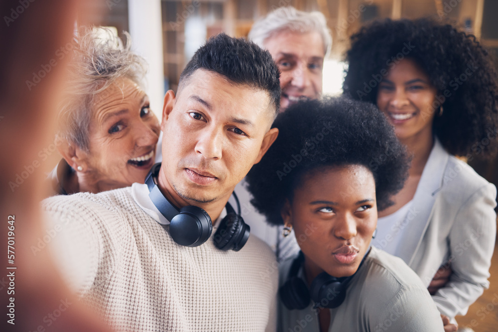 Call center, men and women in funny selfie with smile, diversity or happiness for teamwork. Asian man, old woman or black people in tech support with comic profile picture for friends on social media Call center, men and women in funny selfie with smile, diversity or happiness for teamwork. Asian man, old woman or black people in tech support with comic profile picture for friends on social media