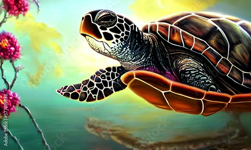 Sea Turtle Swimming In the Air Painting Style Generative Art