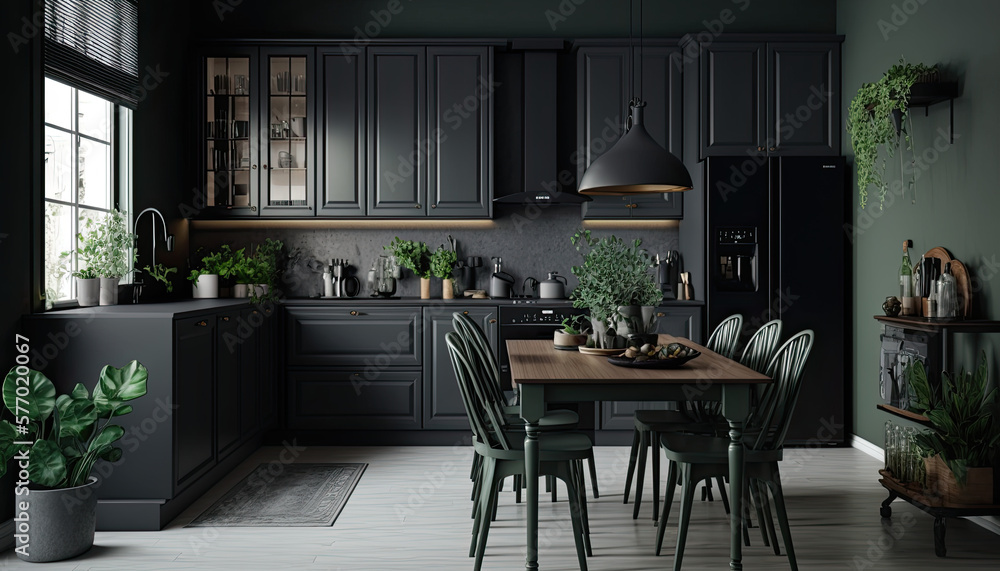 Modern dark kitchen created using generative AI tools