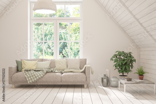 White living room with sofa and summer landscape in window. Scandinavian interior design. 3D illustration