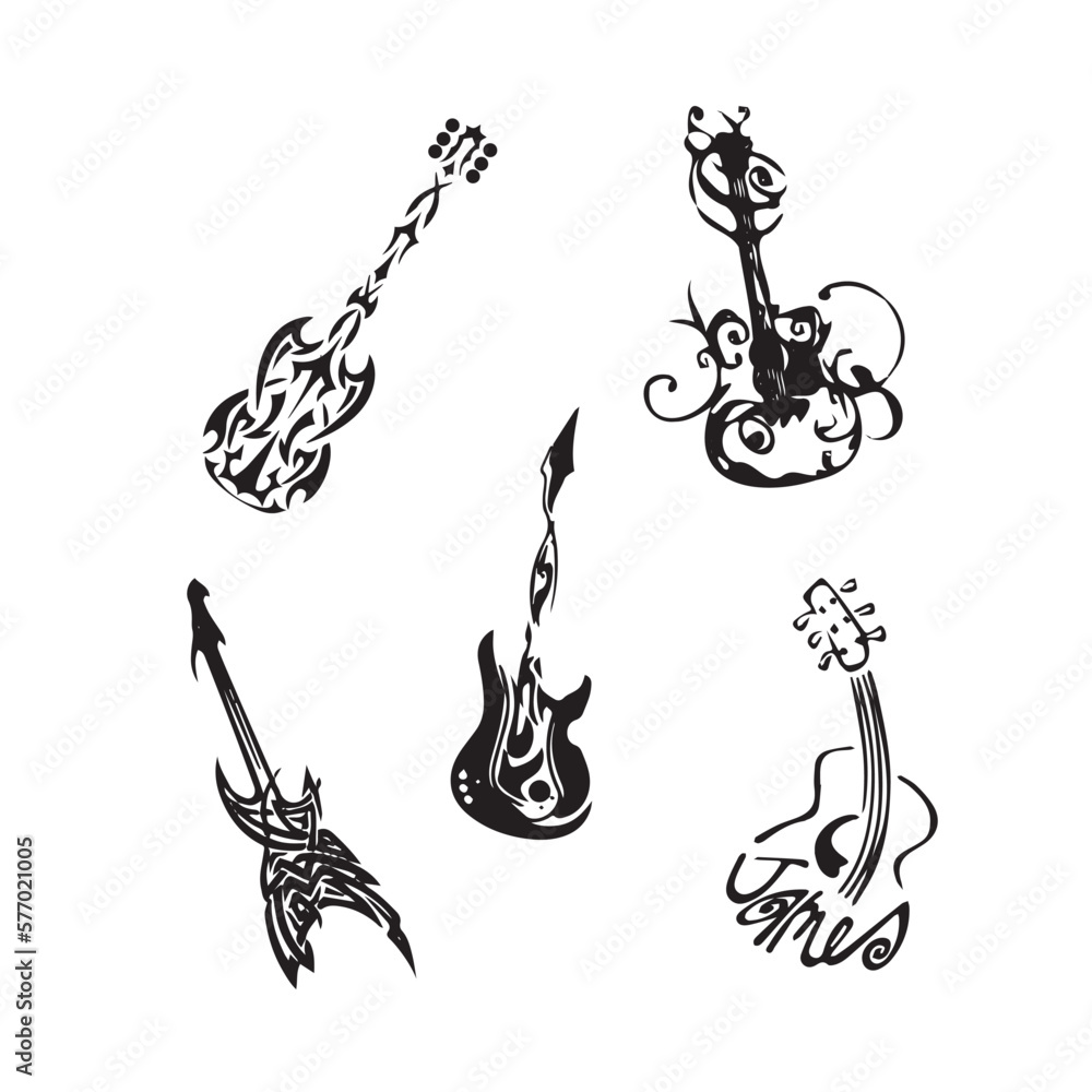 Black guitar silhouettes, tattoo sketches, vector images Stock Vector