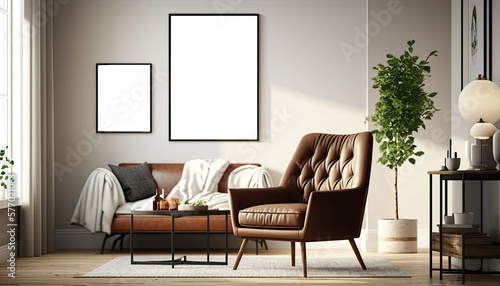 Blank white picture/art frame in a light and modern living room. Mock up template for Design or product placement created using generative AI tools © Salander Studio