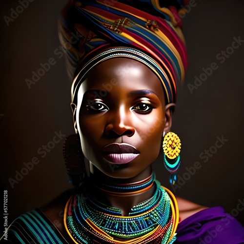 Portrait, african woman of a tribe. Warrior, Tribal. Looking camera. Generative AI. 