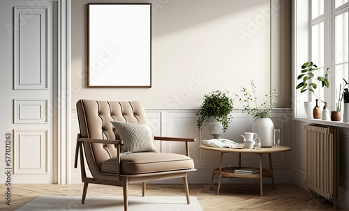 Blank white picture art frame in a light and modern living room. Mock up template for Design or product placement created using generative AI tools