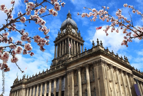 Leeds UK - City Hall. Spring time cherry blossoms.