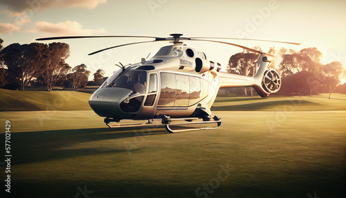 Leinwand Poster small commercial helicopter at golf field