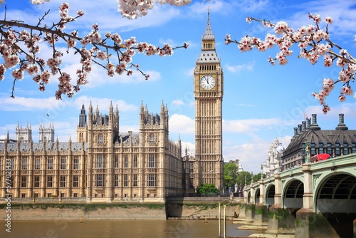 Fotografia Westminster Bridge in London UK. Spring time cherry blossoms.