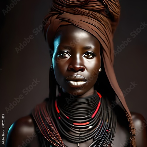 Portrait, african woman of a tribe. Warrior, Tribal. Looking camera. Generative AI. 