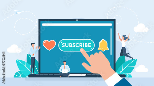 The man clicks on the Subscribe button. Set icon button like, subscribe, bell notification. Buttons for app. Tiny people subscribe to the channel. Notification icons. Flat style. Vector illustration.