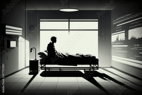 A person laying in a hospital bed in a room with a window and a tv cinematic still a screenshot minimalism